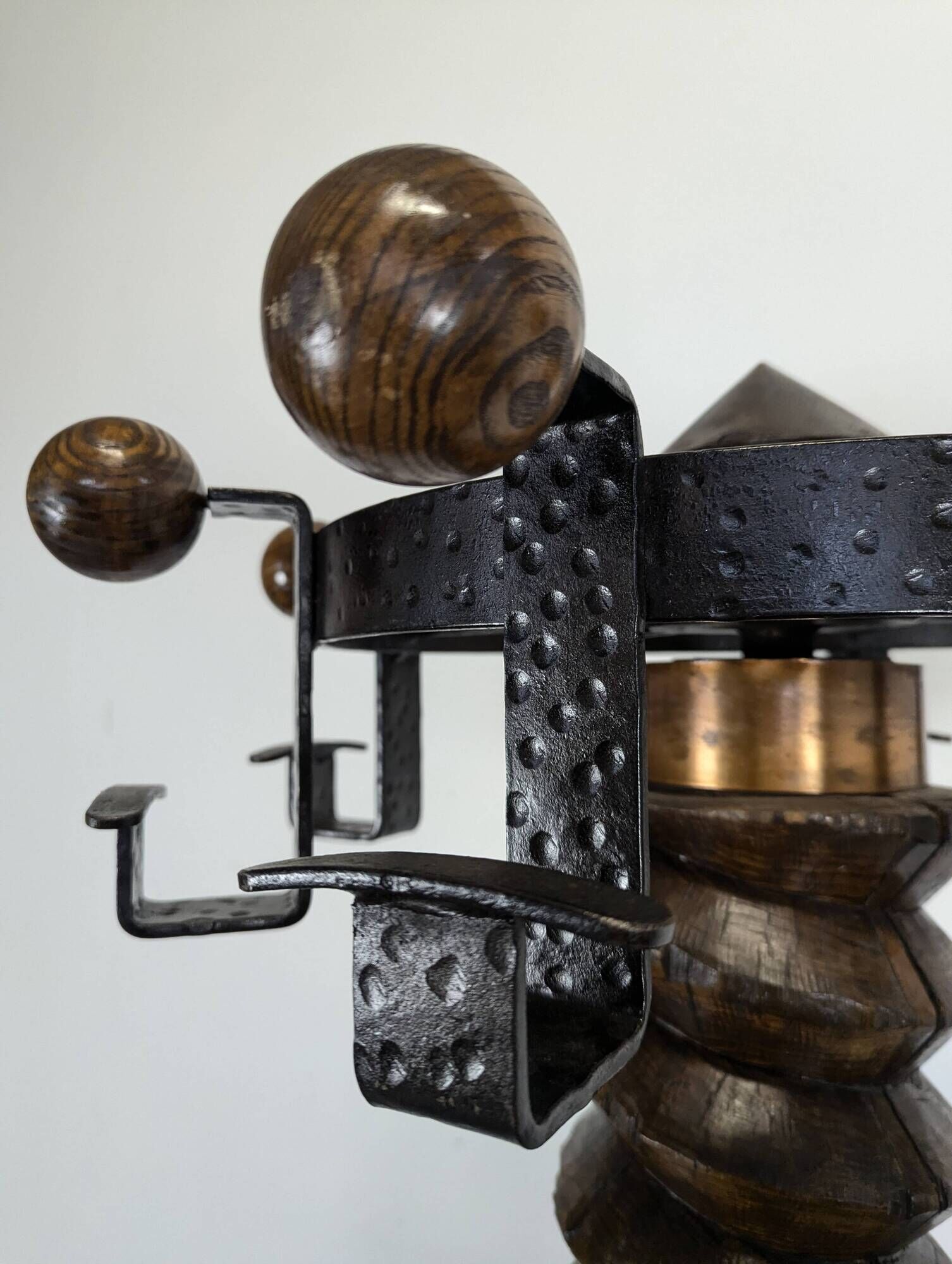 Oak and hammered iron press screw coat rack