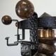Oak and hammered iron press screw coat rack
