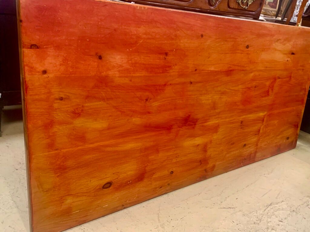 Rectangular wooden table, legs and spacer in hammered ironwork, 60s
