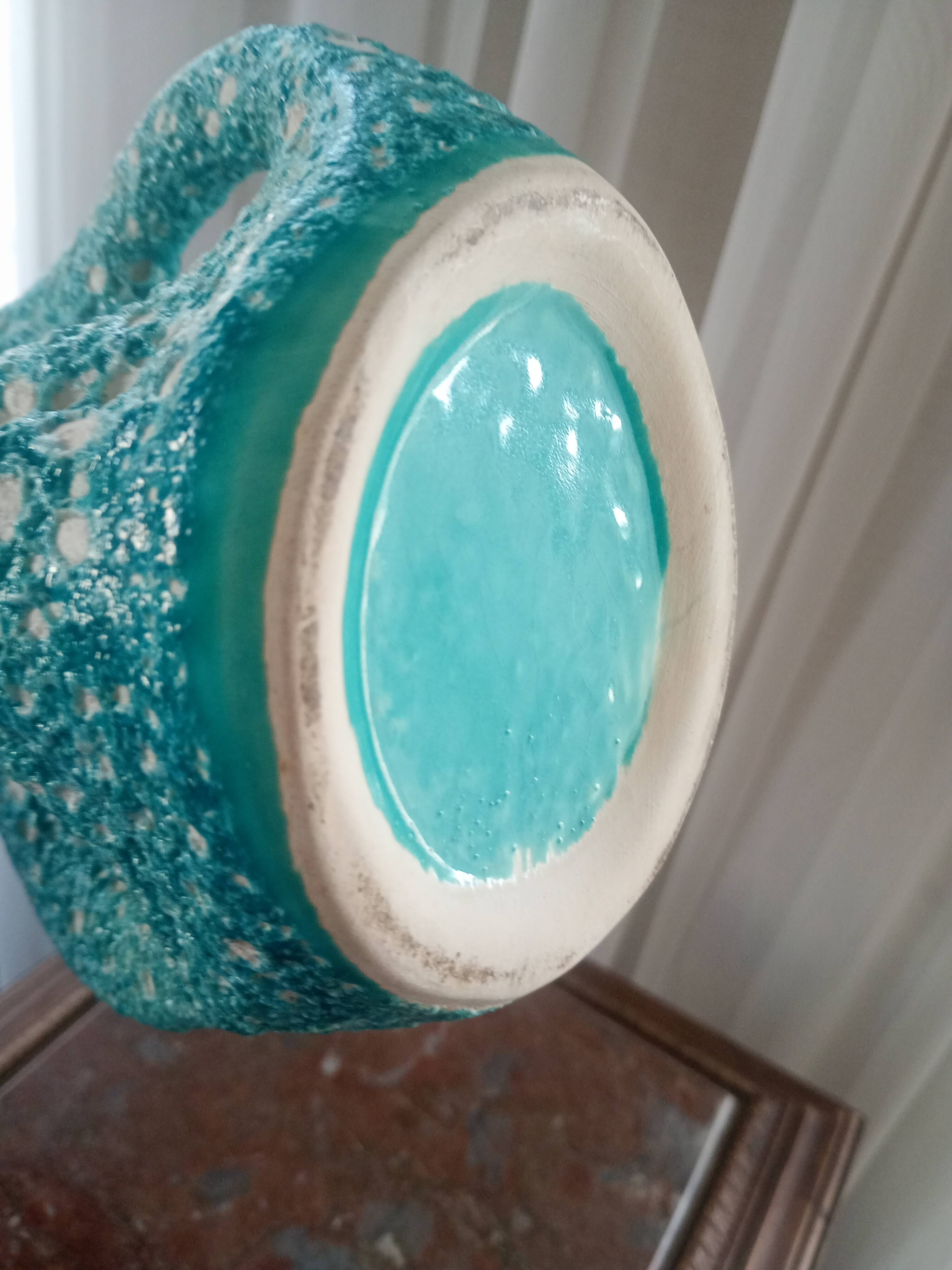 Turquoise "lava" double-handled vase - red & black enamel drips