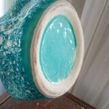 Turquoise "lava" double-handled vase - red & black enamel drips