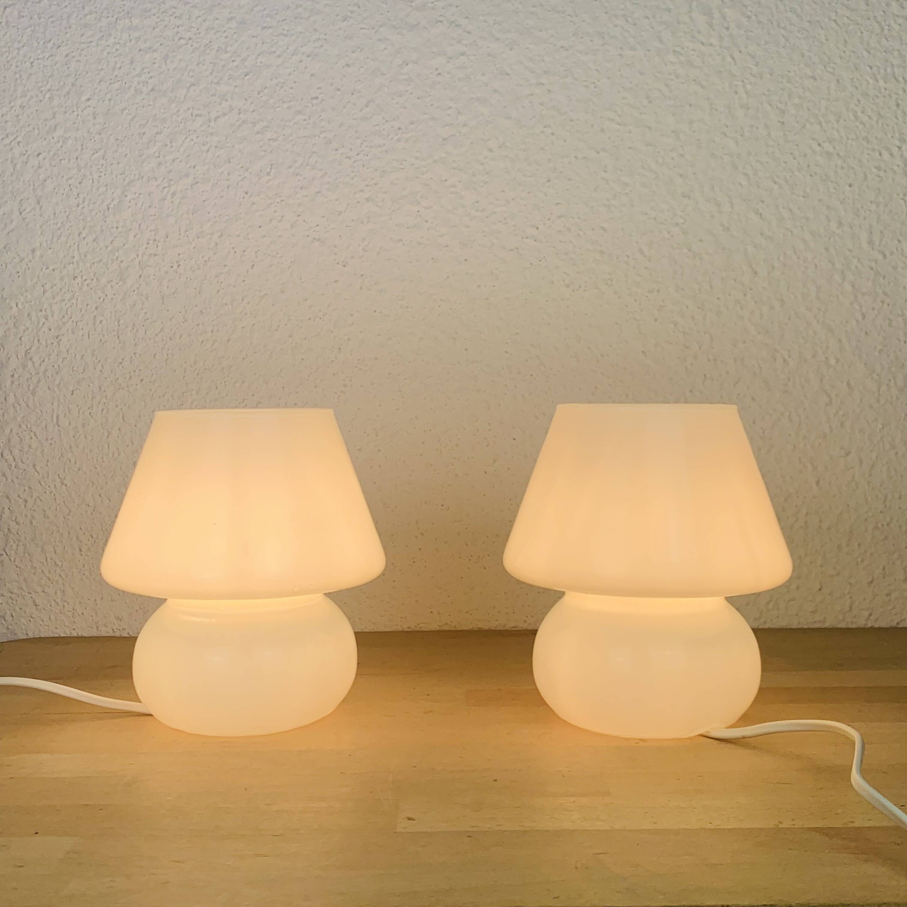 Pair of white opaline mushroom lamps