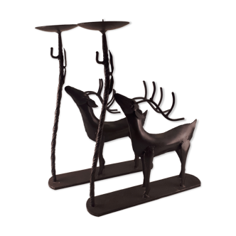 Pair of vintage deer in welded raw metal candlesticks