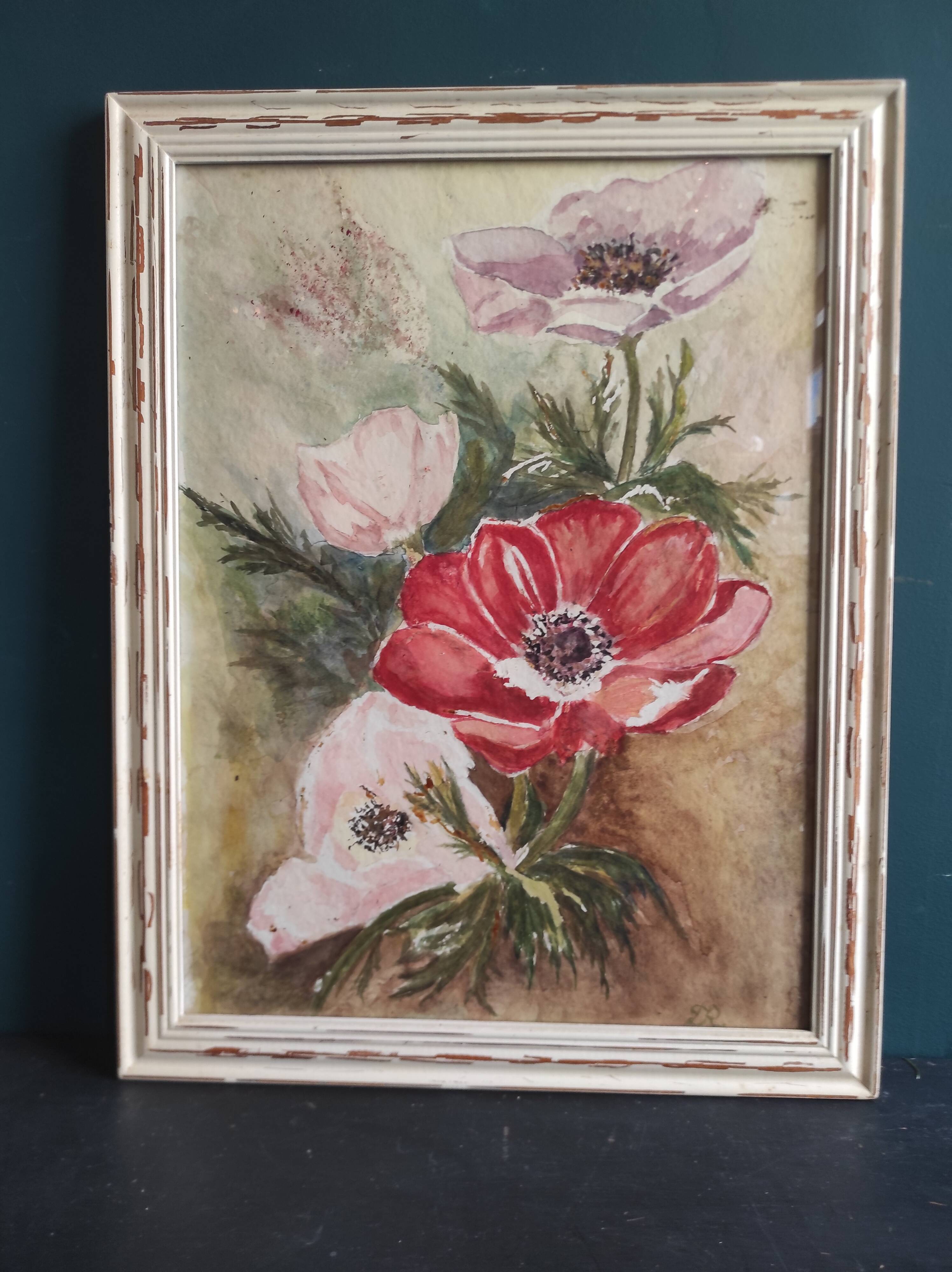 French watercolour of flowers, poppies, signed DR