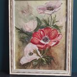 French watercolour of flowers, poppies, signed DR