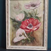 Aquarelle française de fleurs, coquelicots, signée DR