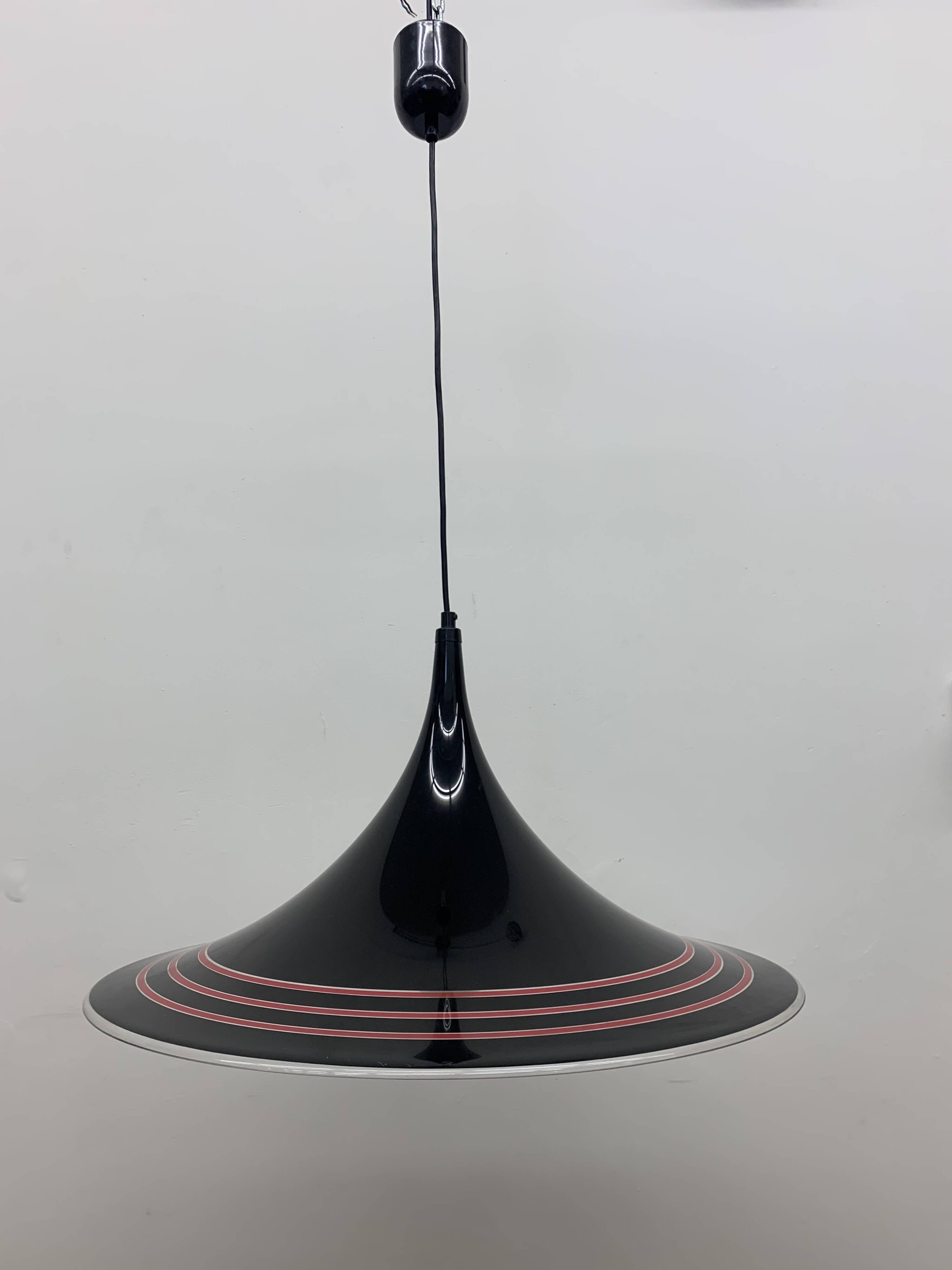 Vintage plastic meblo guzzini black trumpet hanging lamp , 1980’s
