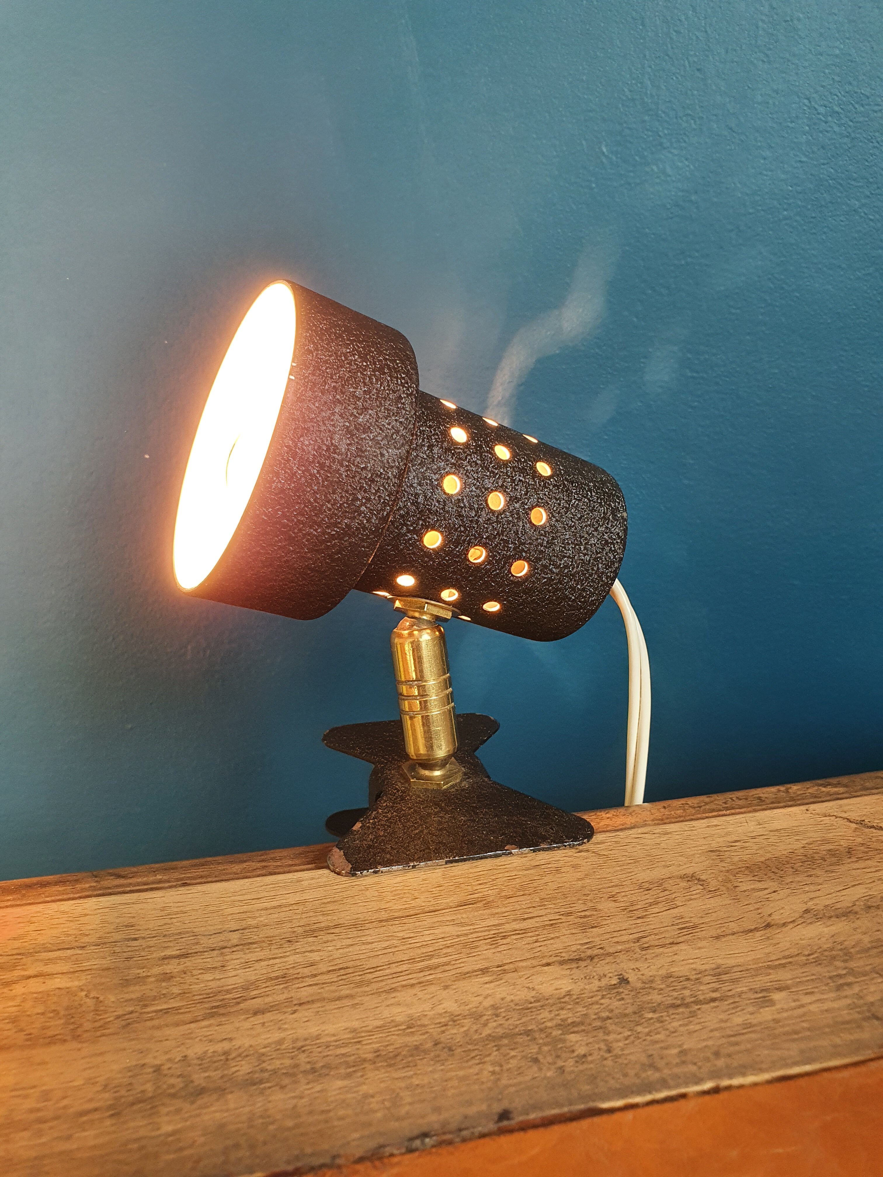 Black metal clip-on lamp articulated 70's