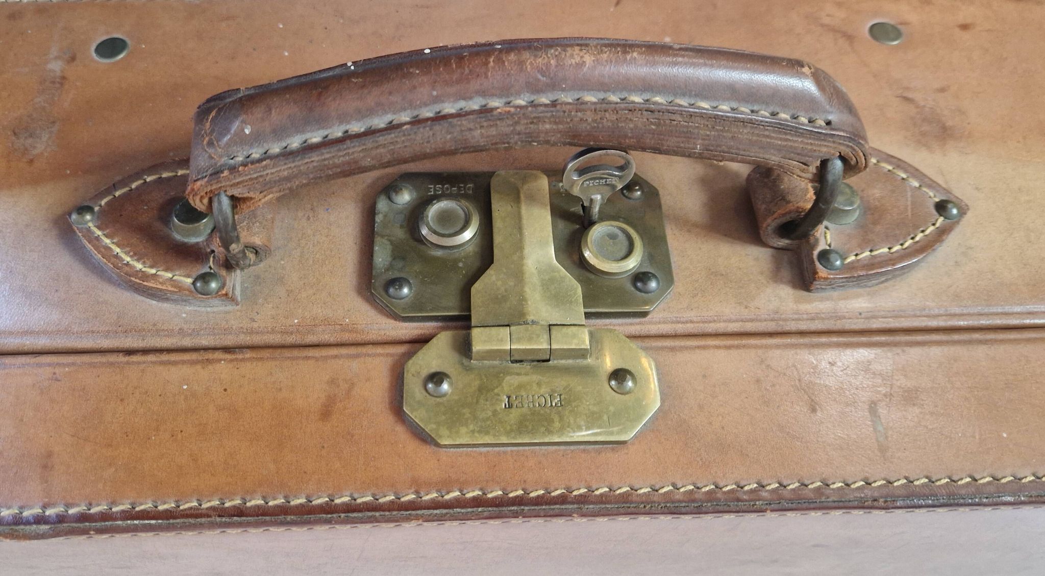 Antique leather and brass trunk/suitcase, high-end luggage circa 1930