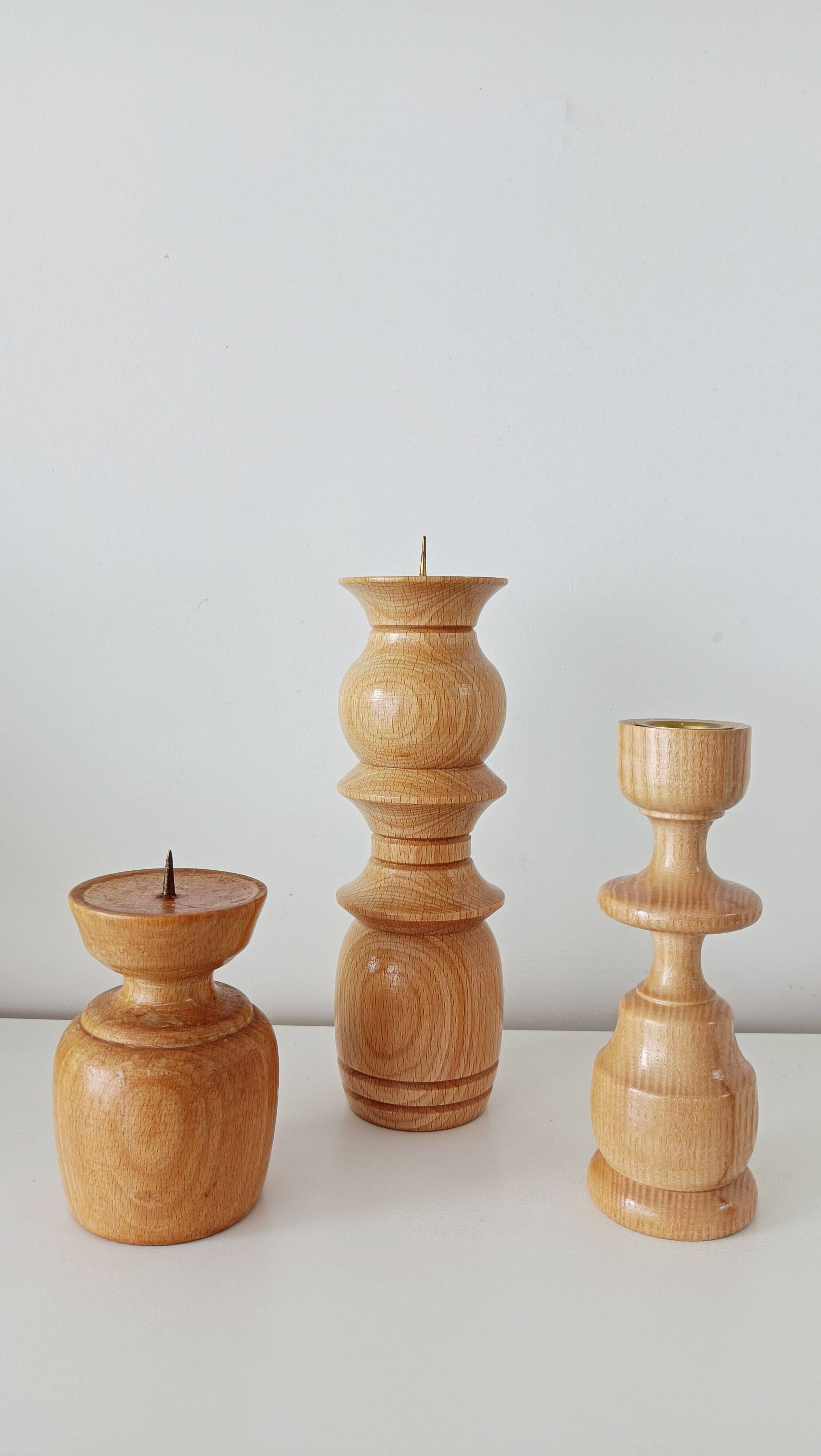 Set of 3 Scandinavian turned wooden candle holders