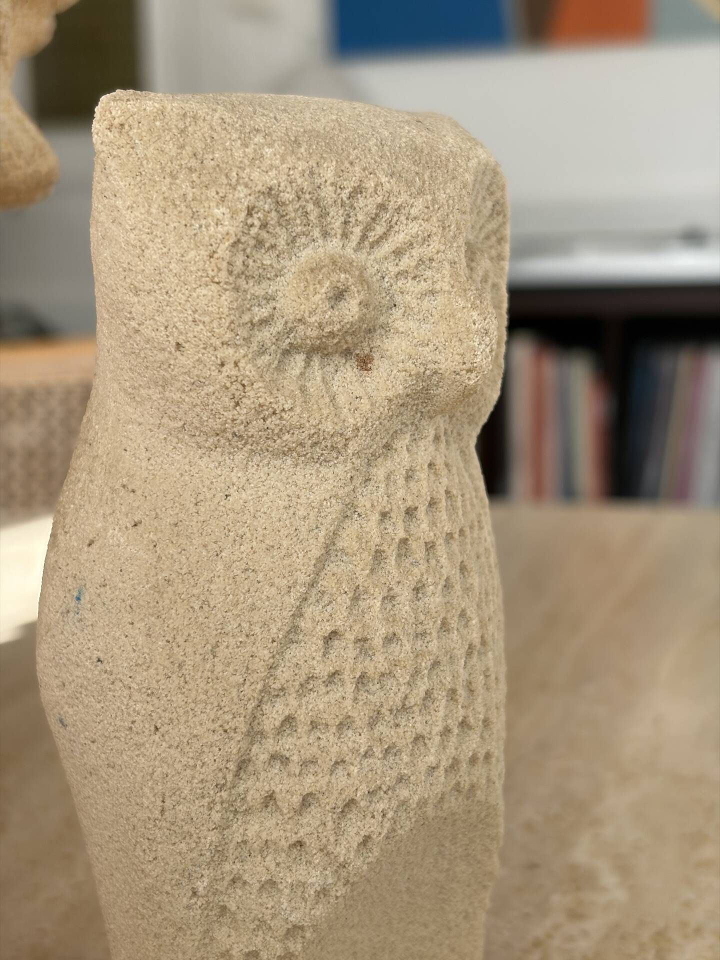 Owl sculpture in stone from the year 1970.
