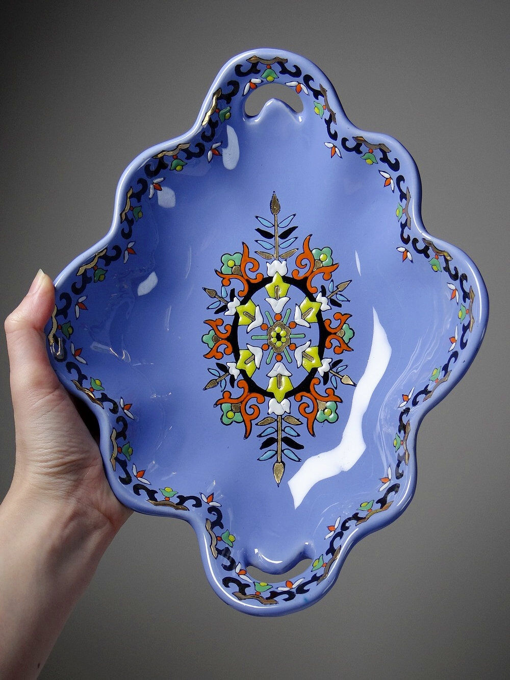 Vintage Chartres model faience and enamel pocket bowl from Longwy.