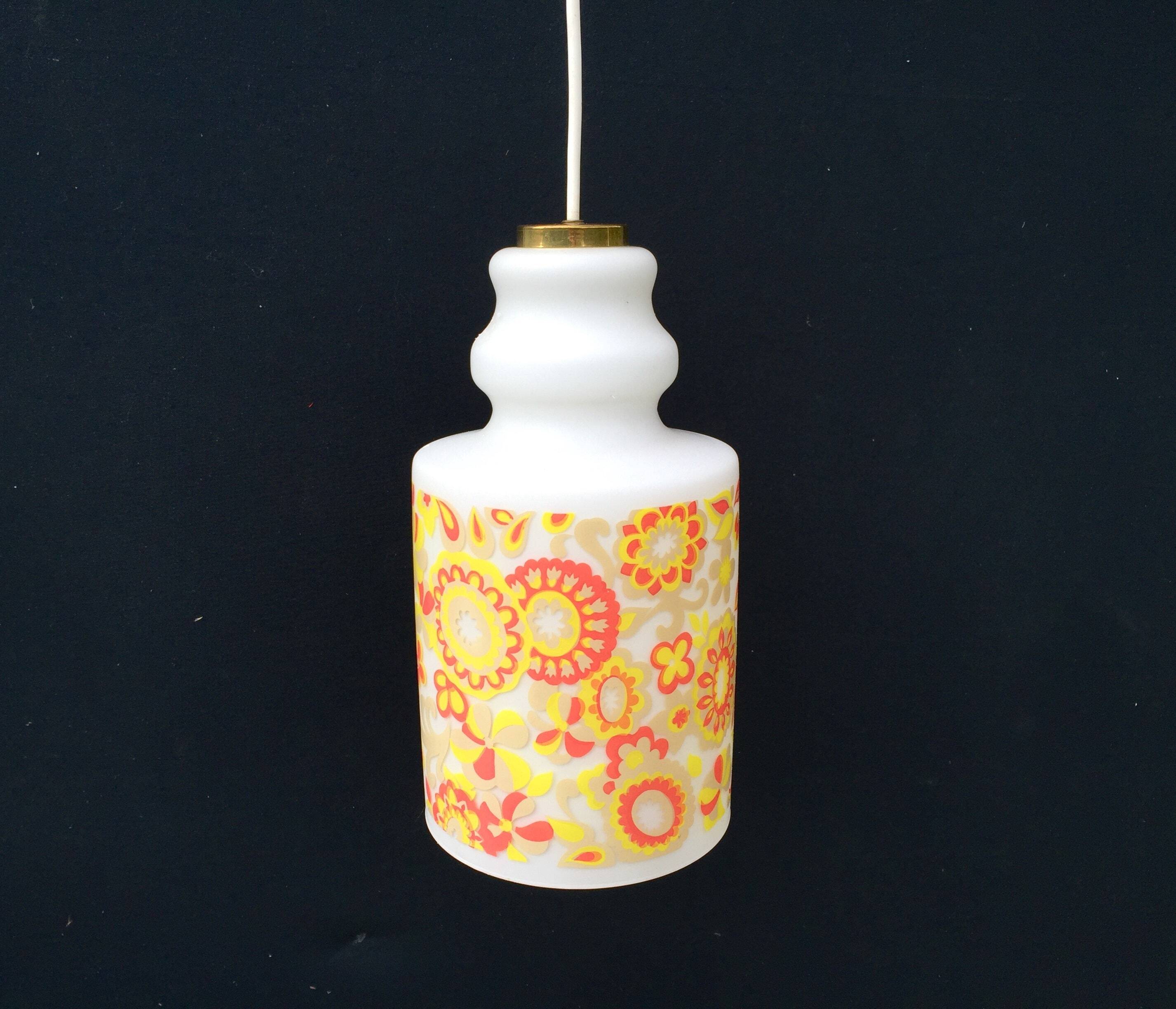 White and orange tube chandelier with seventies pop flowers