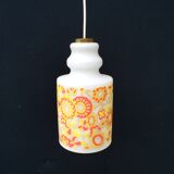 White and orange tube chandelier with seventies pop flowers