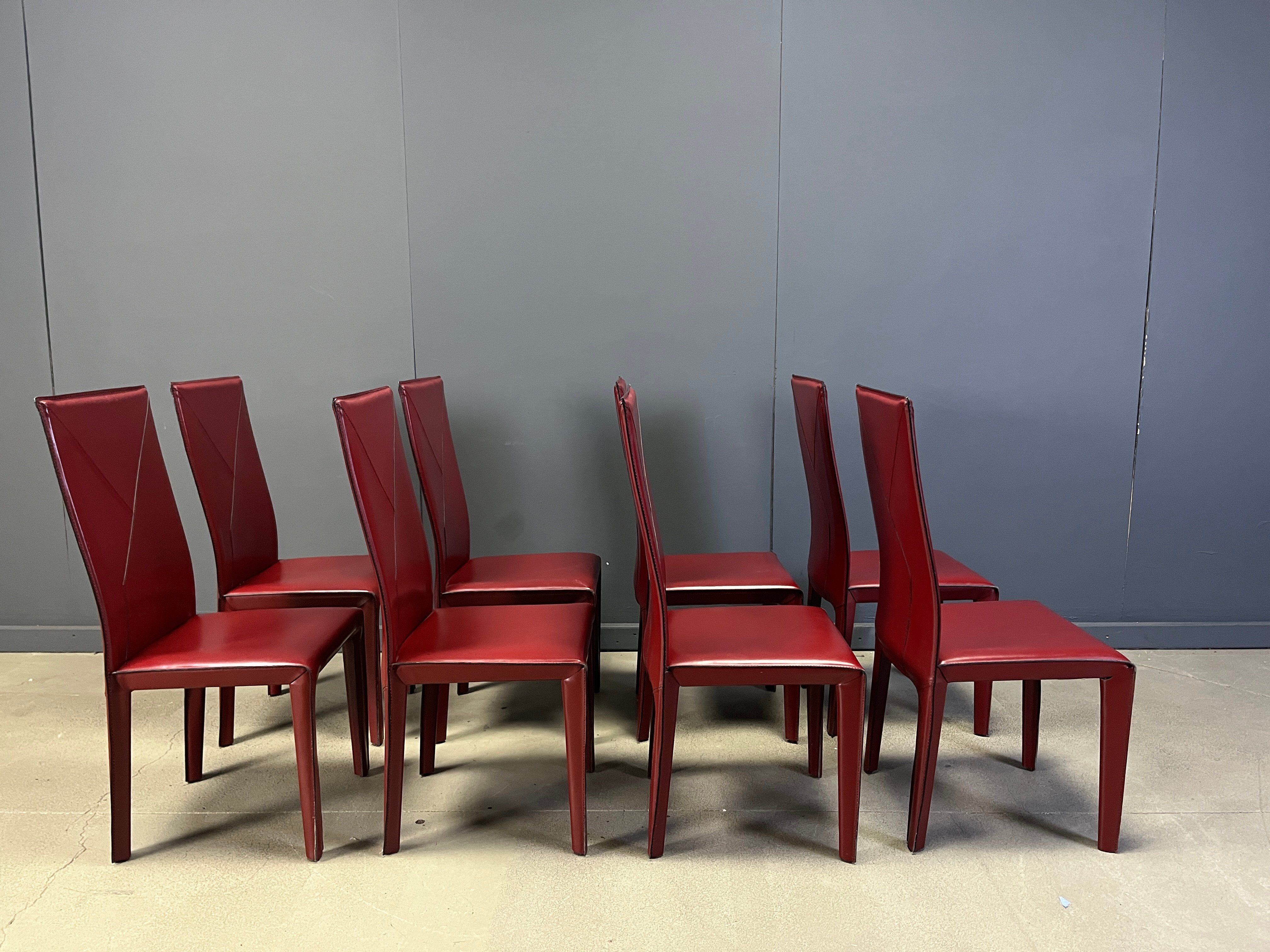 Red leather dining chairs by Roche Bobois France, 1980s - set of 8