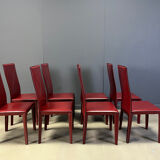 Red leather dining chairs by Roche Bobois France, 1980s - set of 8