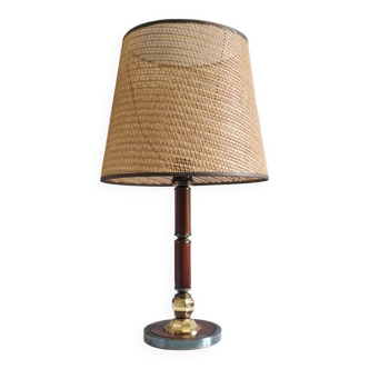 Lampe mid-century en bois et en osier, 1970