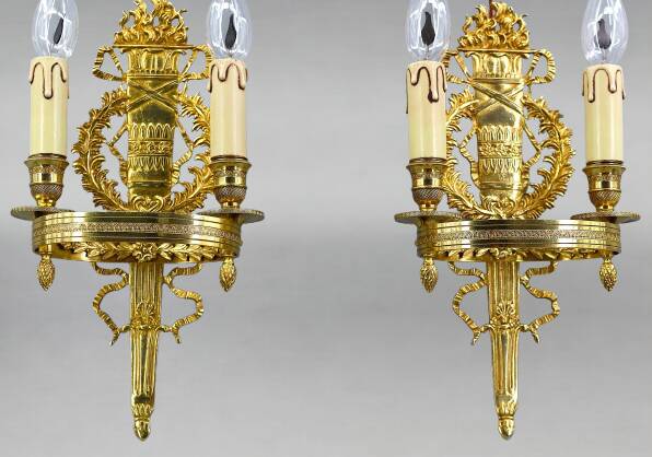 Pair of Gilded Bronze Wall Lights, Directoire Style, Two Lights