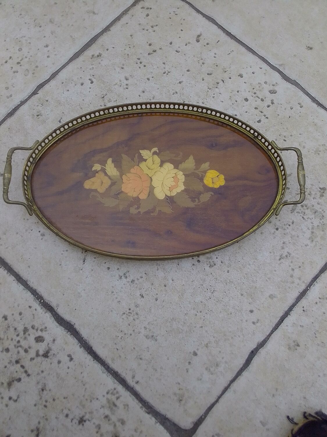 Tray with handles wood and gilded metal