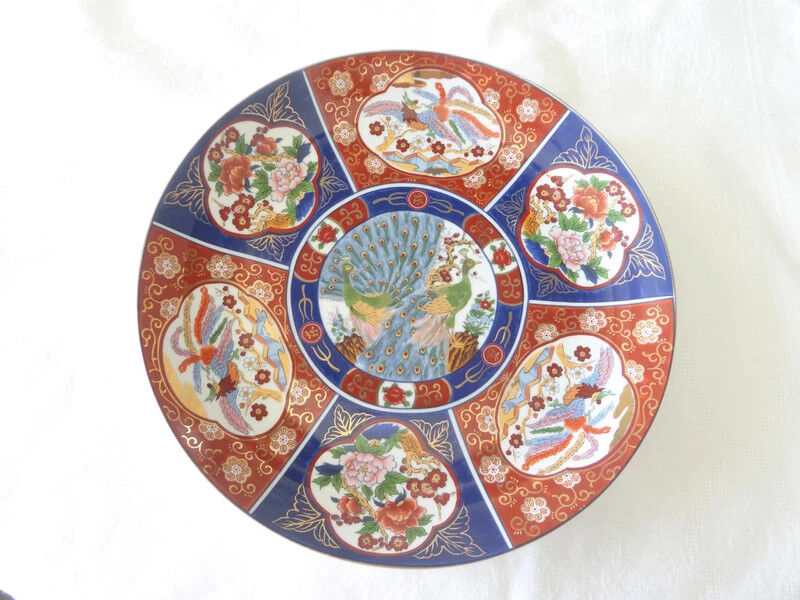 Porcelain plate Japan, decorative plate, bird decor, imari, polychrome,