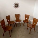 Set of 5 vintage 70s Brutalist design solid wood chairs