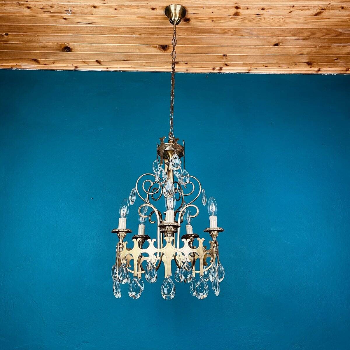 Vintage Chandelier with Crystal Drops, Italy, 1960s