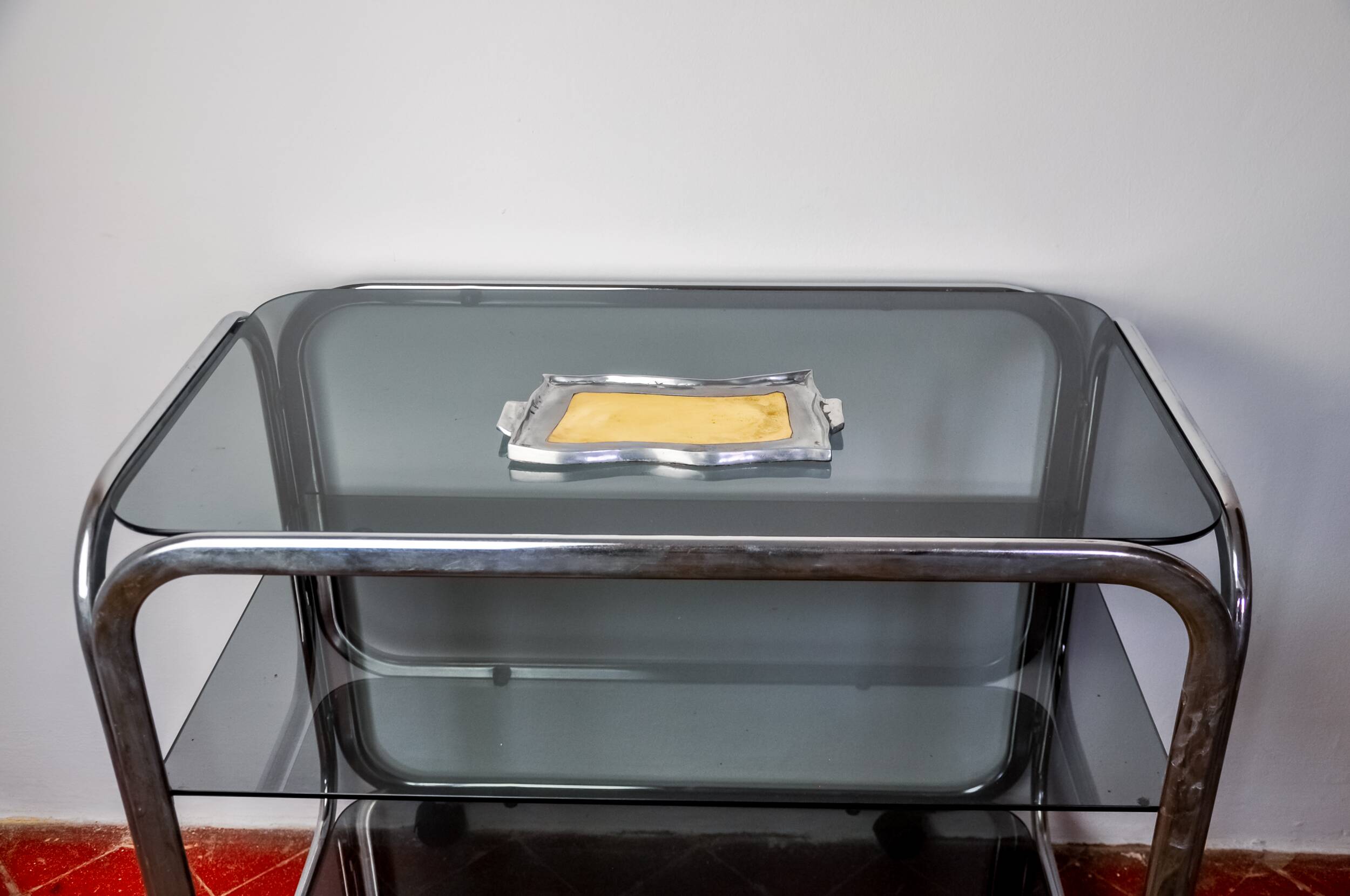 Brutalist pocket emptier by Leopold, bronze and aluminum 1970, Spain