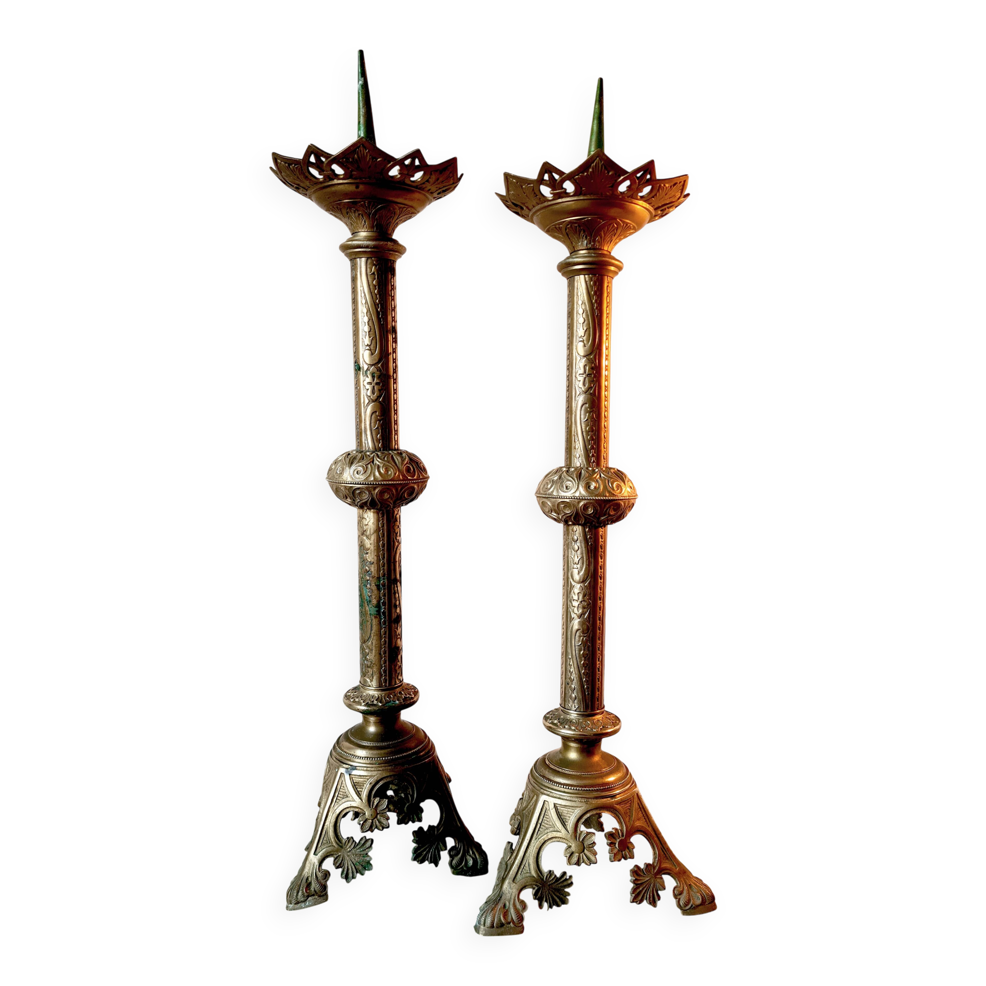 Pair of large Empire solid brass candlesticks – 78 cm