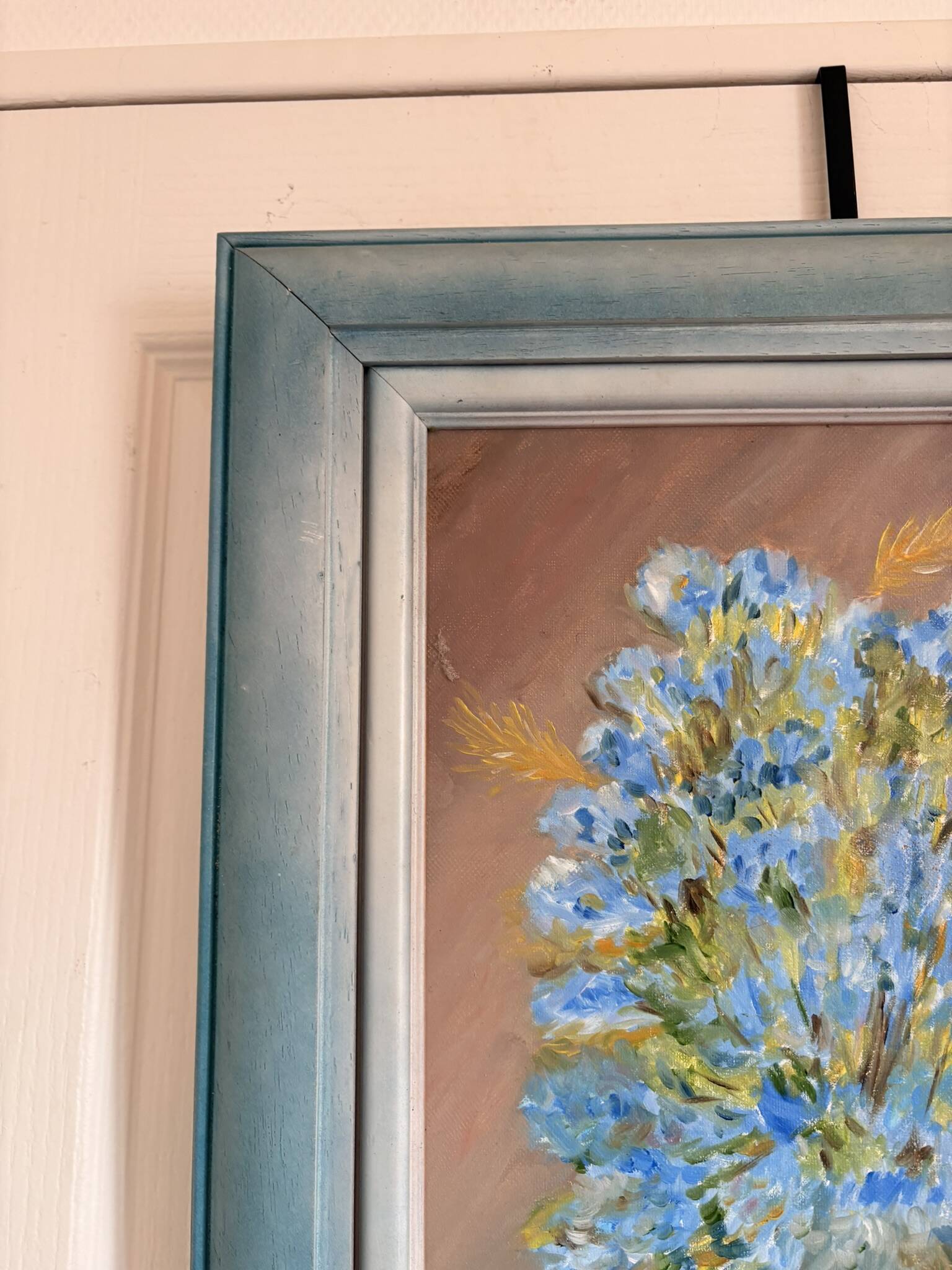 oil painting canvas still life flower bouquet blue violet Lyla