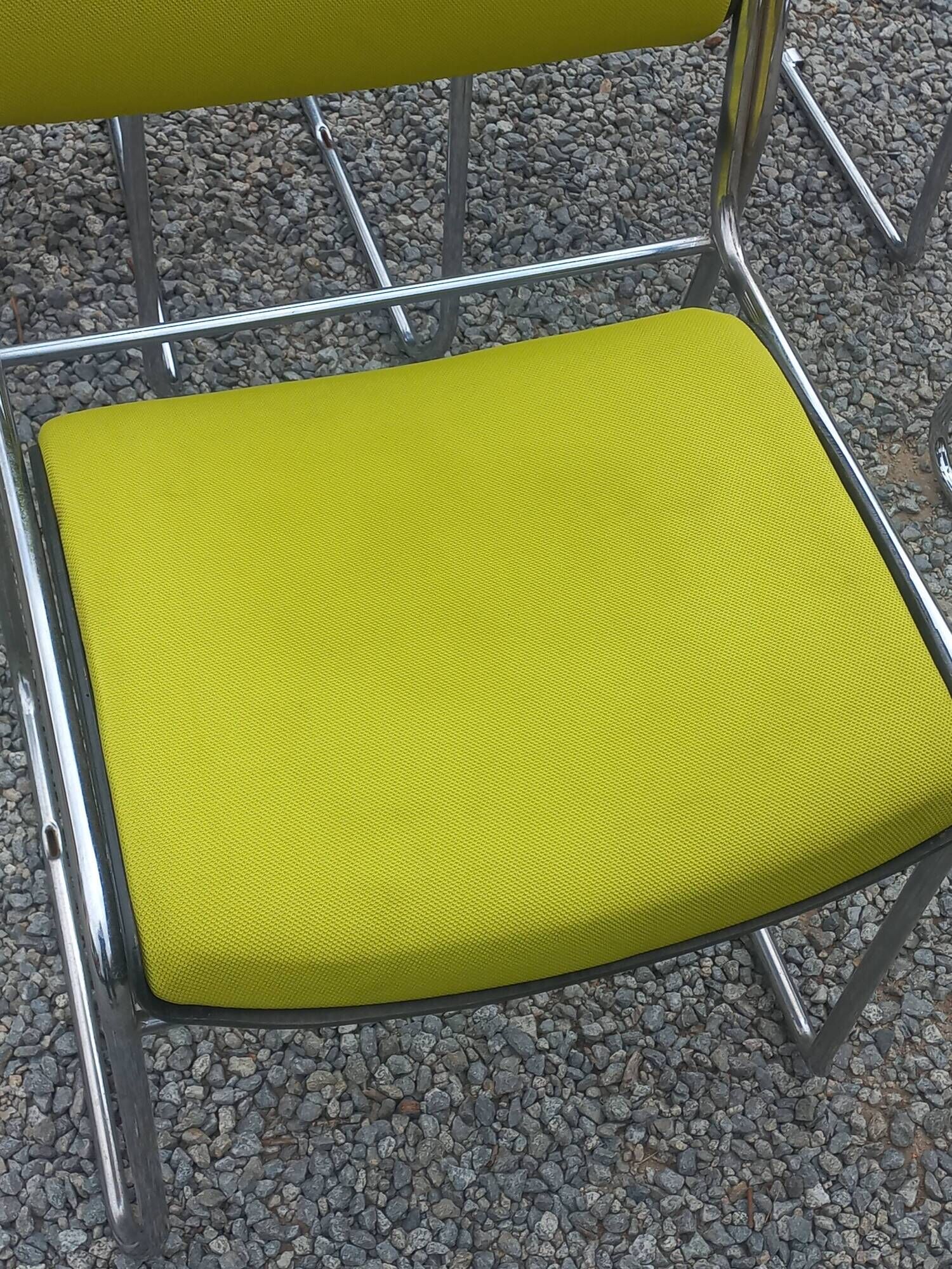 Set of 6 designer chairs with wooden seats and backs, chrome legs.