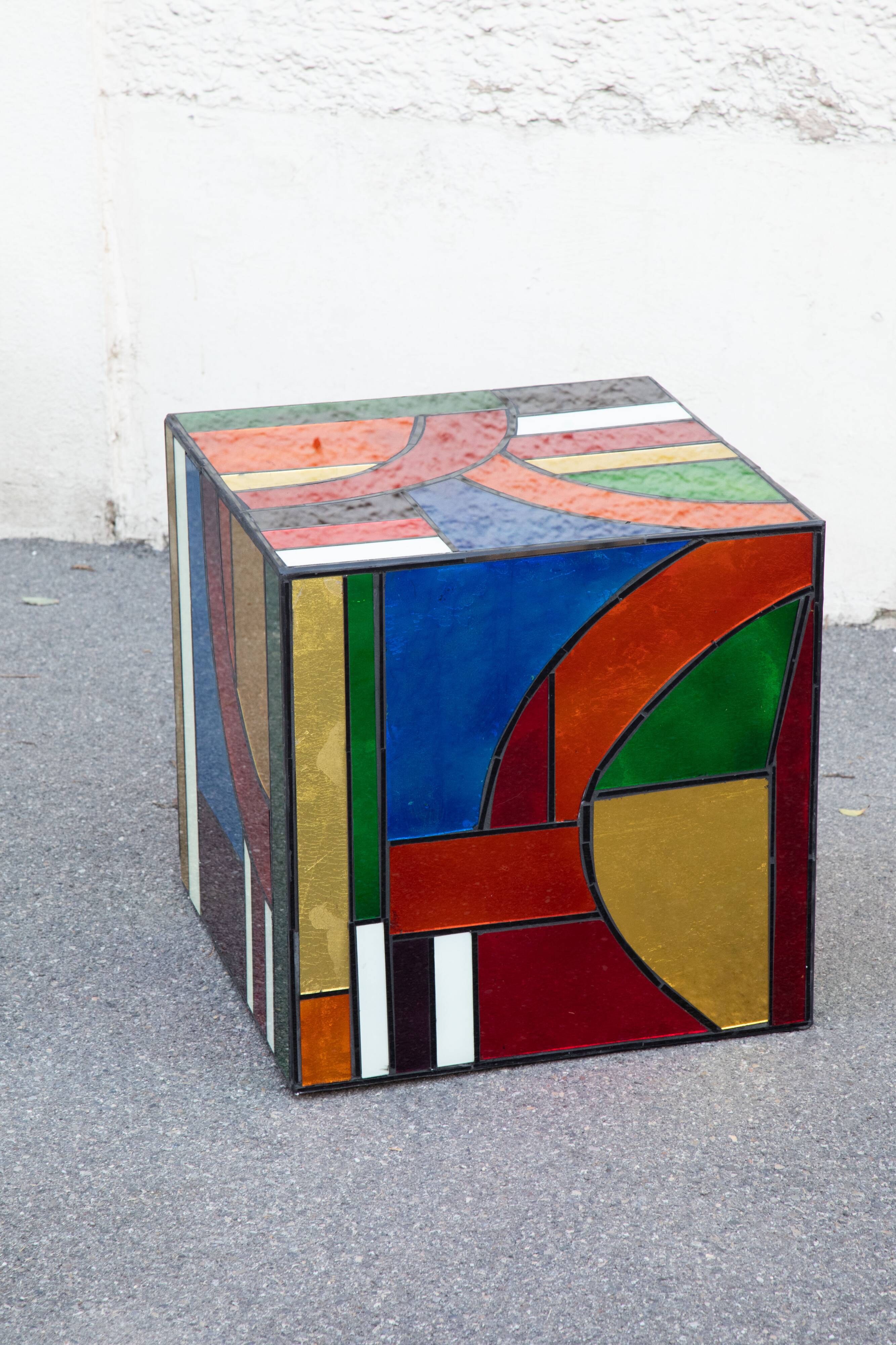 Multicolored stained glass Cube side table 50*50