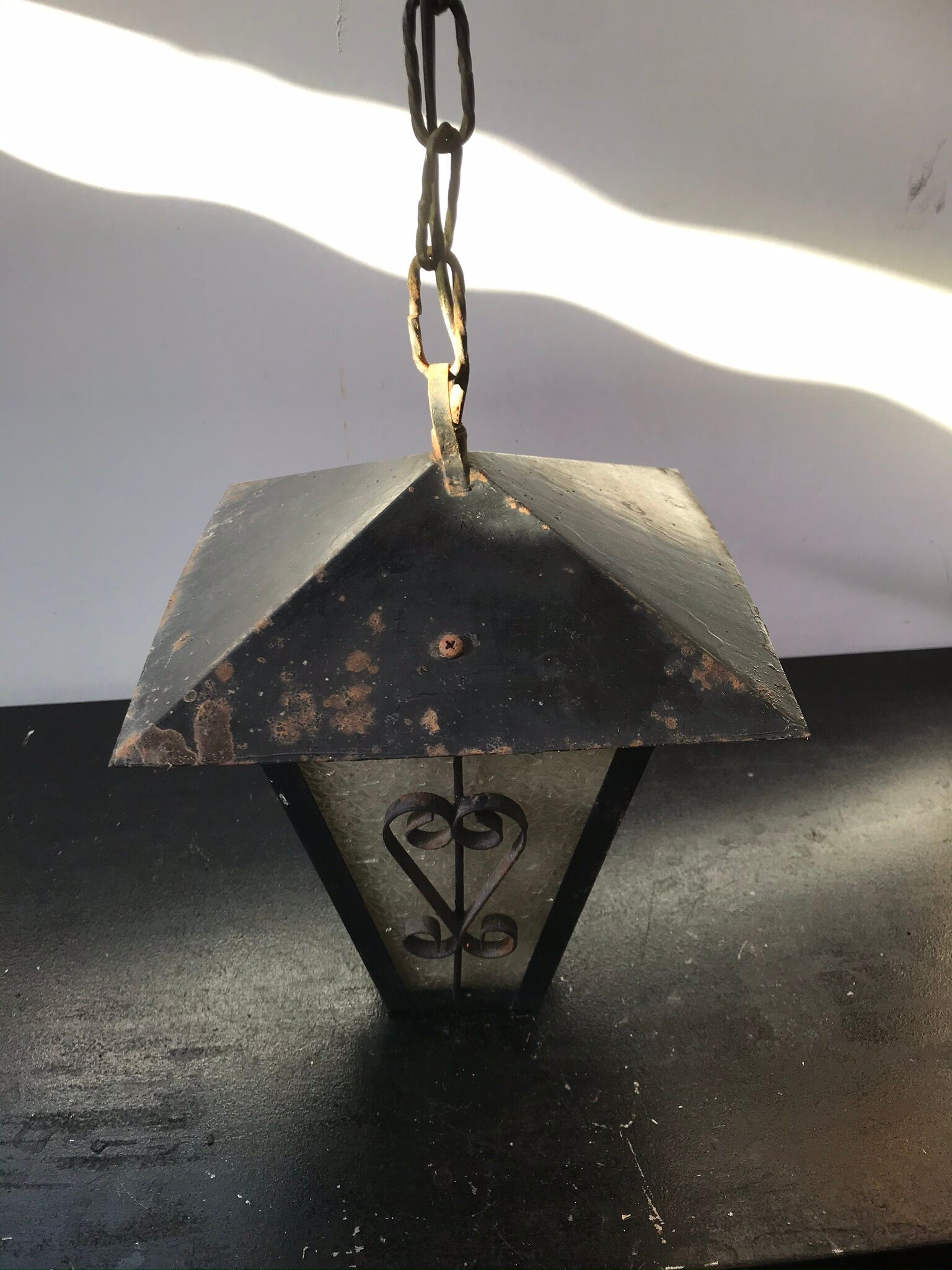 Suspension Old Lantern Metal Black - Vintage 70s Moulded Glass