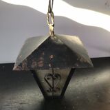 Suspension ancienne lanterne métal noir avec verre moulé années 70 vintage