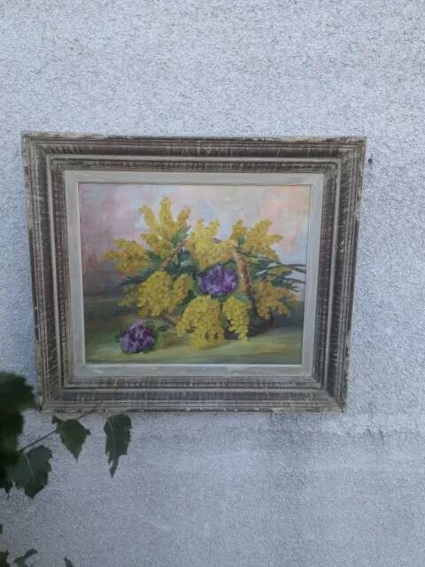 Tableau ancien, mimosa et violettes