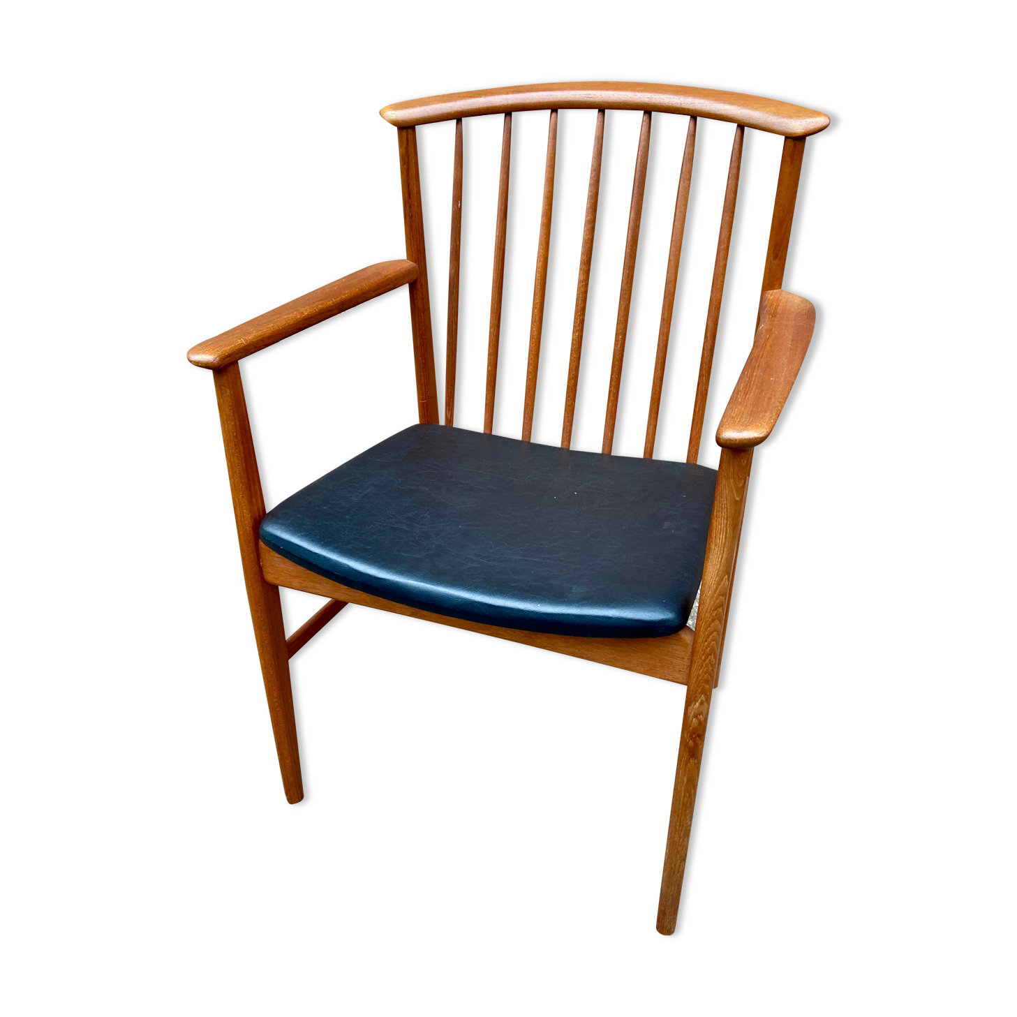 Scandinavian office armchair Swedish vintage 1960-70 teak & imitation leather