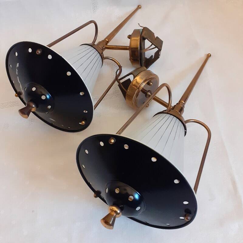 pair of wall-mounted torch lights corner 1950-1960 Arlus or Lunel glass metal