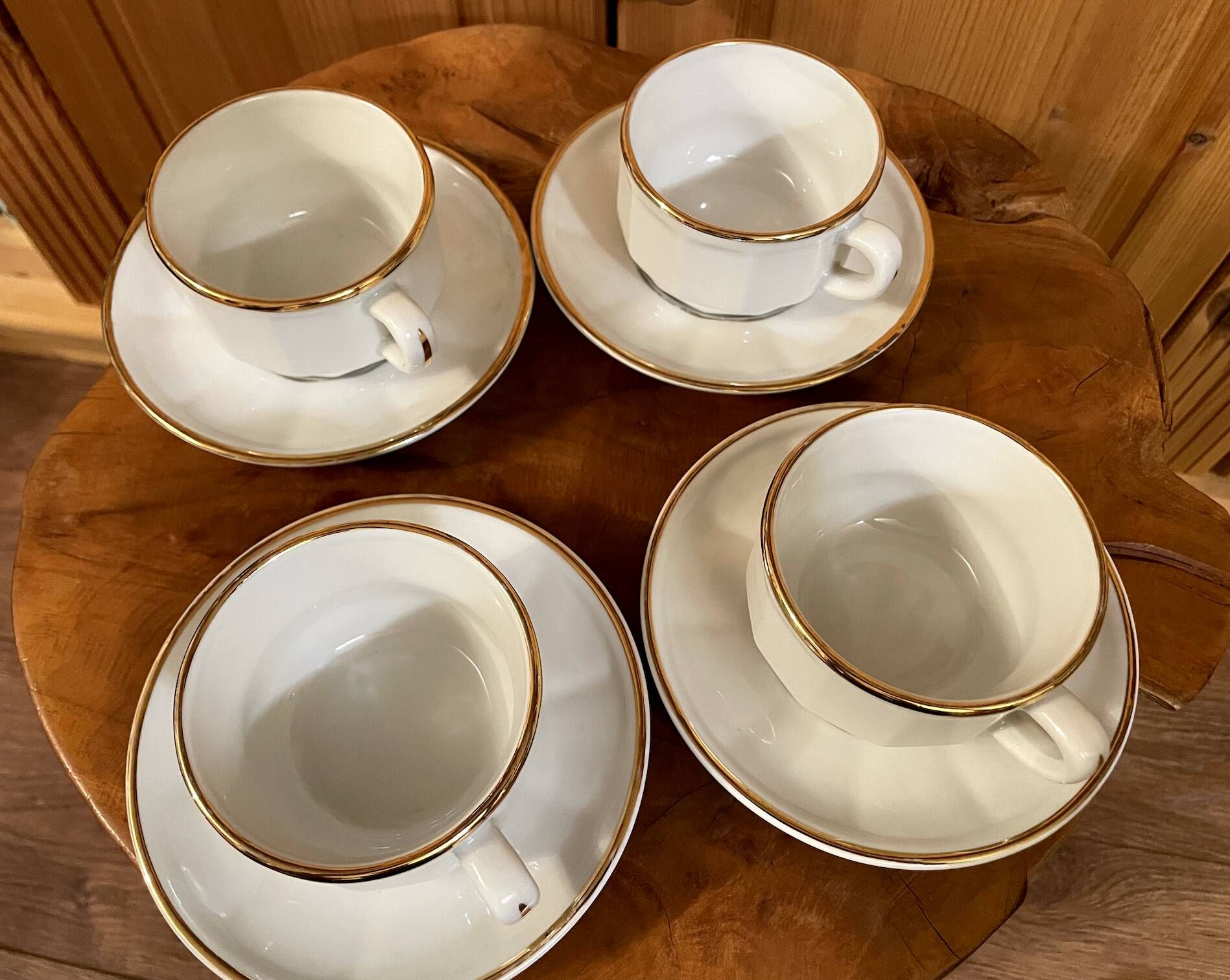 Set of 2 Apilco Flat French Porcelain Coffee Cups with Saucers, Model Flora