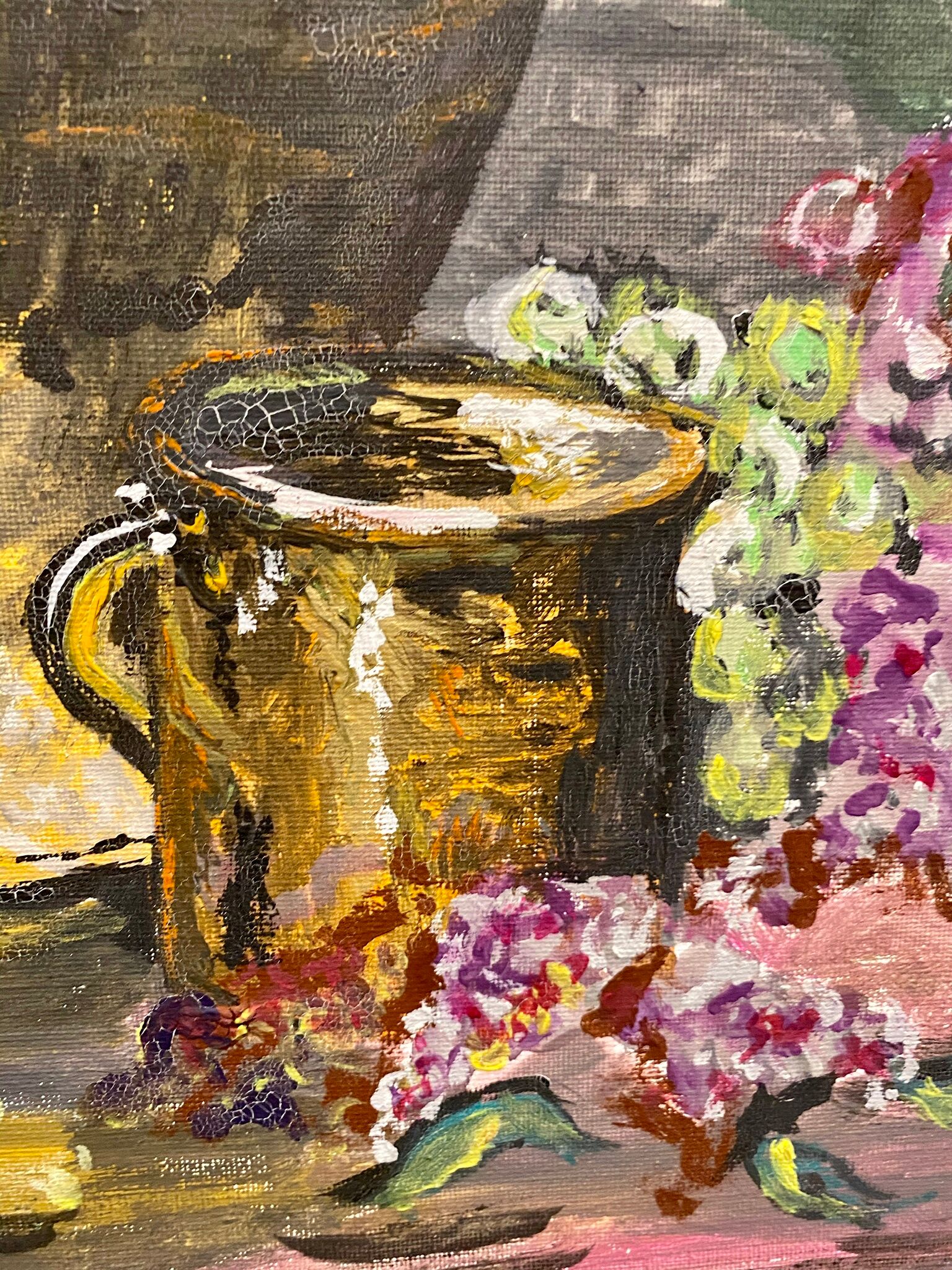 Ancient painting, still life with lilas and iris signed Bonnefond 70s