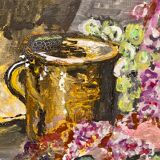 Ancient painting, still life with lilas and iris signed Bonnefond 70s