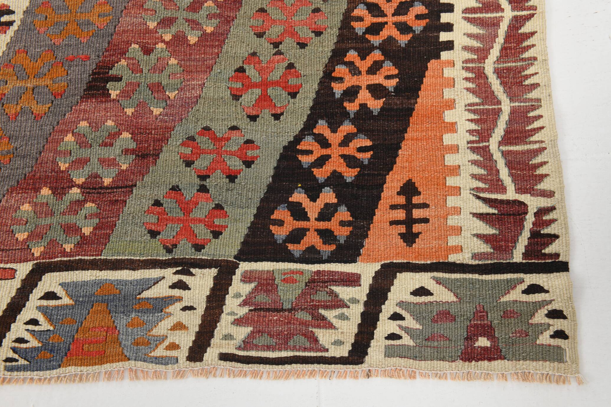 Pastel Tones Geometric Pattern Turkish Woven Wool Kilim Rug, 185x350 Cm
