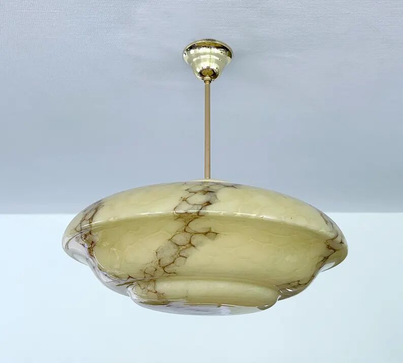 Art Deco Pendant Light, Marble Glass Amber Ivory, Alabaster Style, Vintage Chandelier