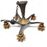 5 arms Art Deco / Art Nouveau / brass hanging lamp / Hand blown floral shades