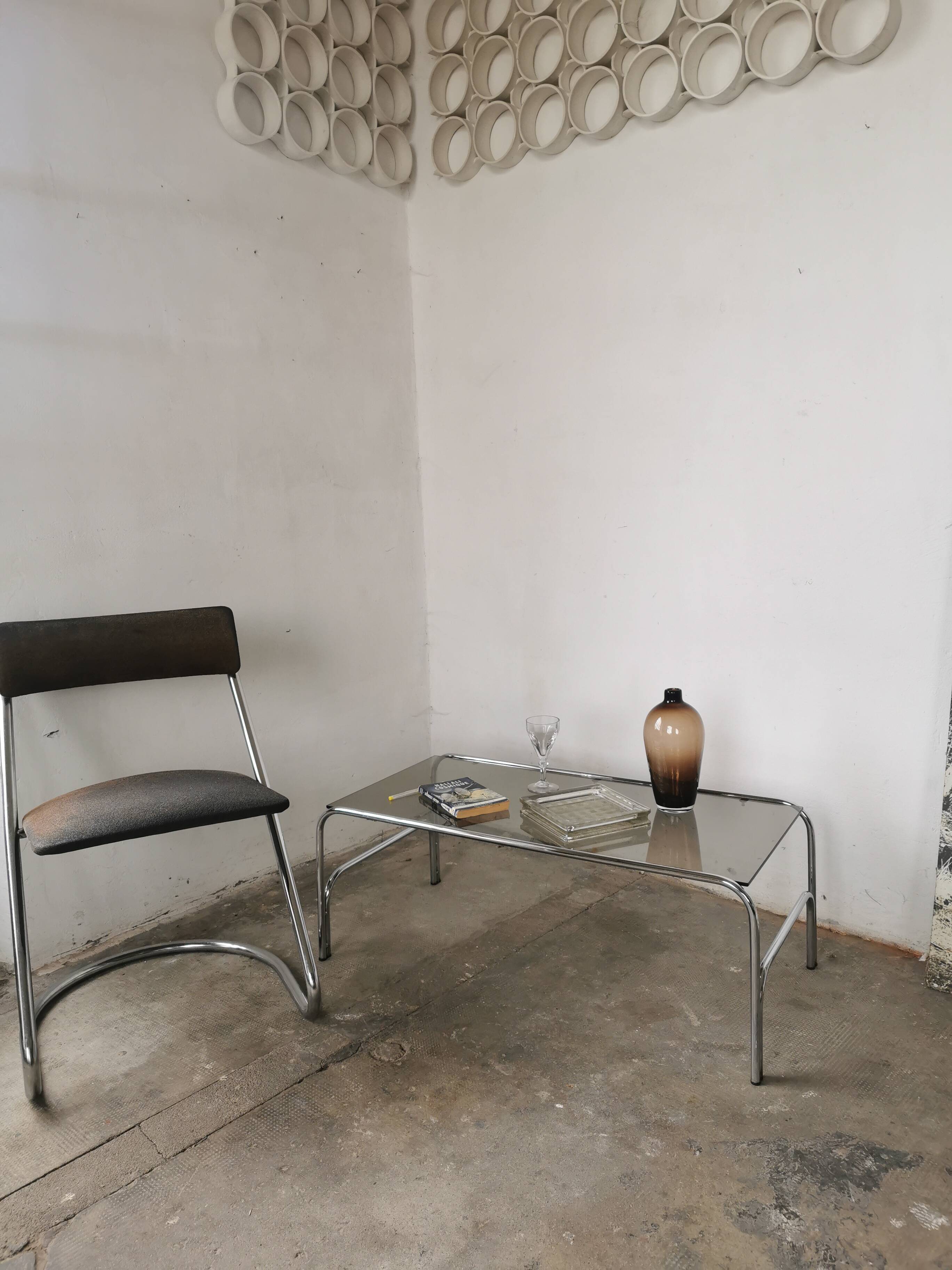 Chrome and smoked glass coffee table