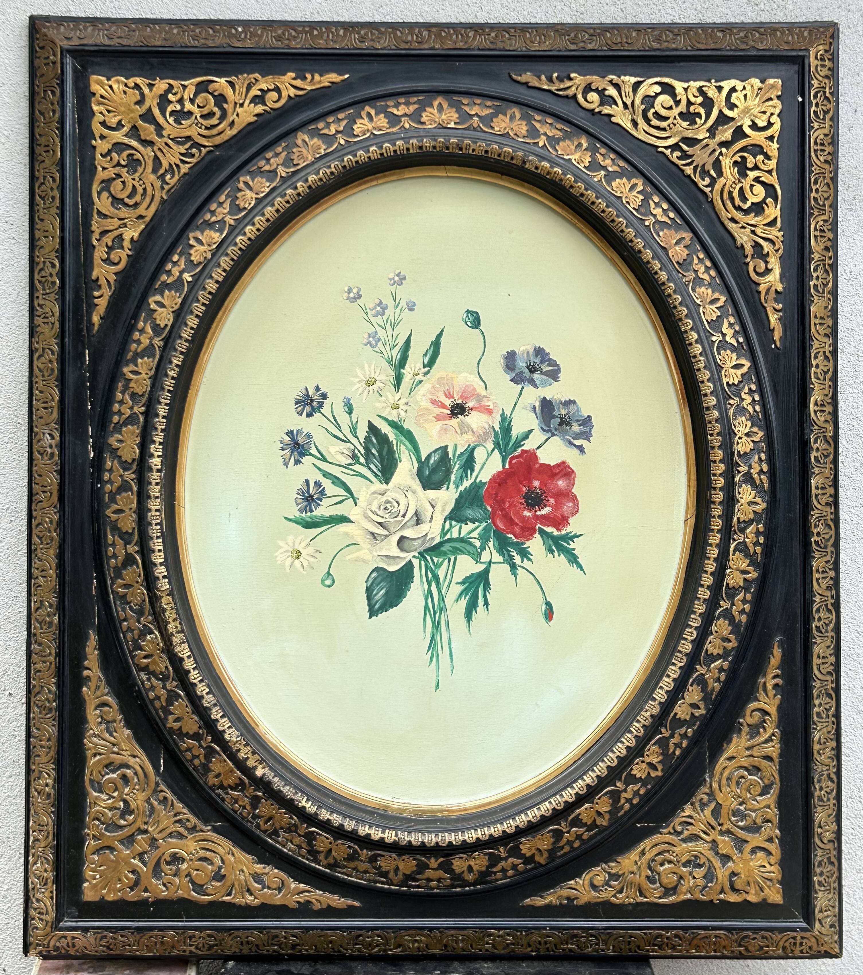 Painting of a bouquet of flowers on a panel in a medallion frame, Napoleon