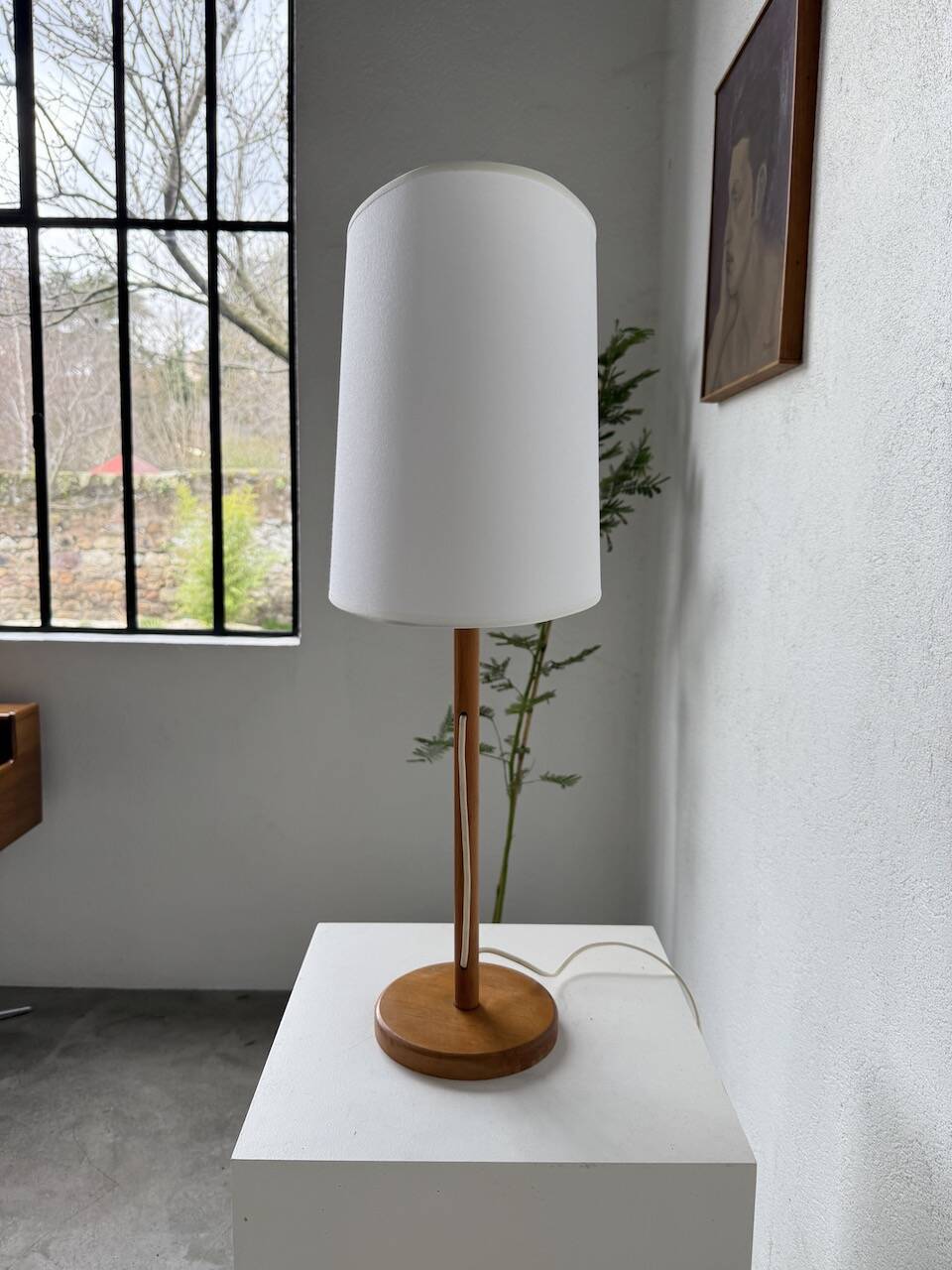 70s oak wood table lamp