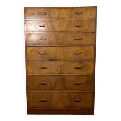 Commode haute, semainier Art déco en noyer flammé, 1930-1940
