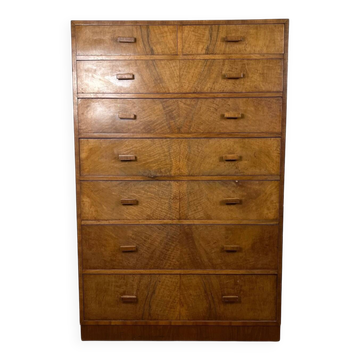 Tall chest of drawers, Art Deco weekly chest in flamed walnut, 1930-1940