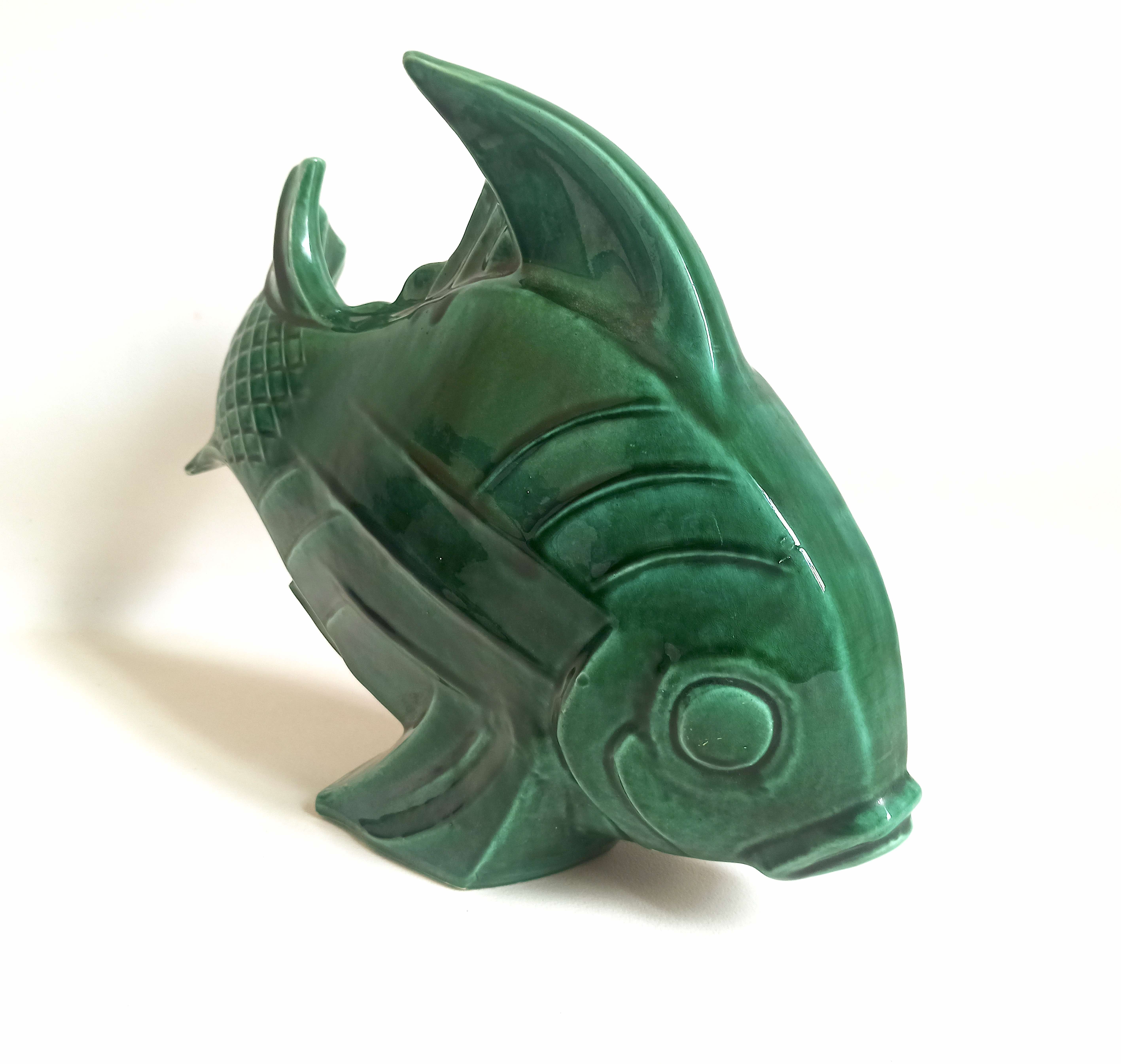 Green ceramic fish lejan art deco width 40 cm