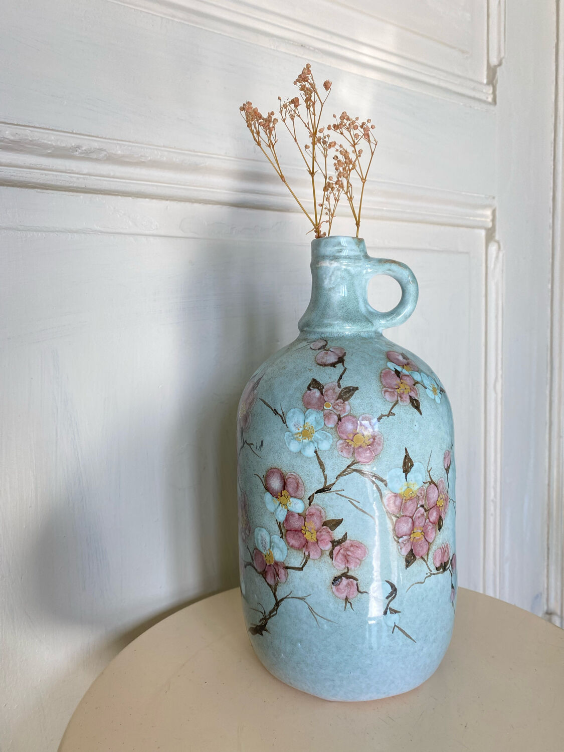 Signed ceramic bottle vase, cherry blossoms, 70s