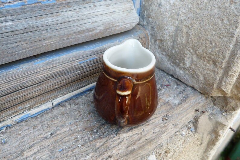 Small white brown ceramic milk pot bistro style